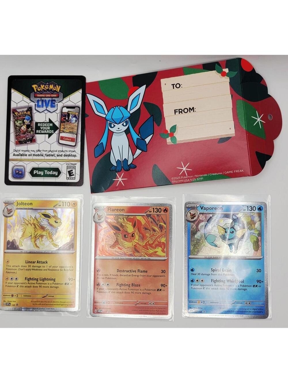 Prismatic Evolution Flareon, Vaporeon, Jolteon Promo Cards Christmas Set